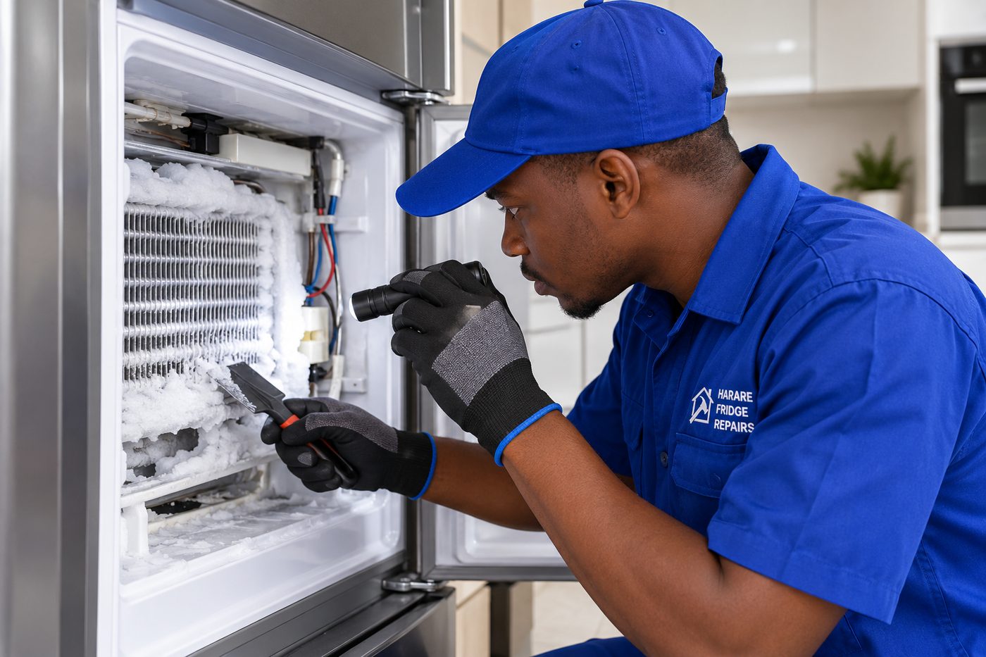 Technician measuring the temperature inside a chest freezer