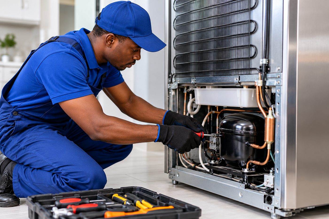 Technician inspecting a fridge compressor with a torch