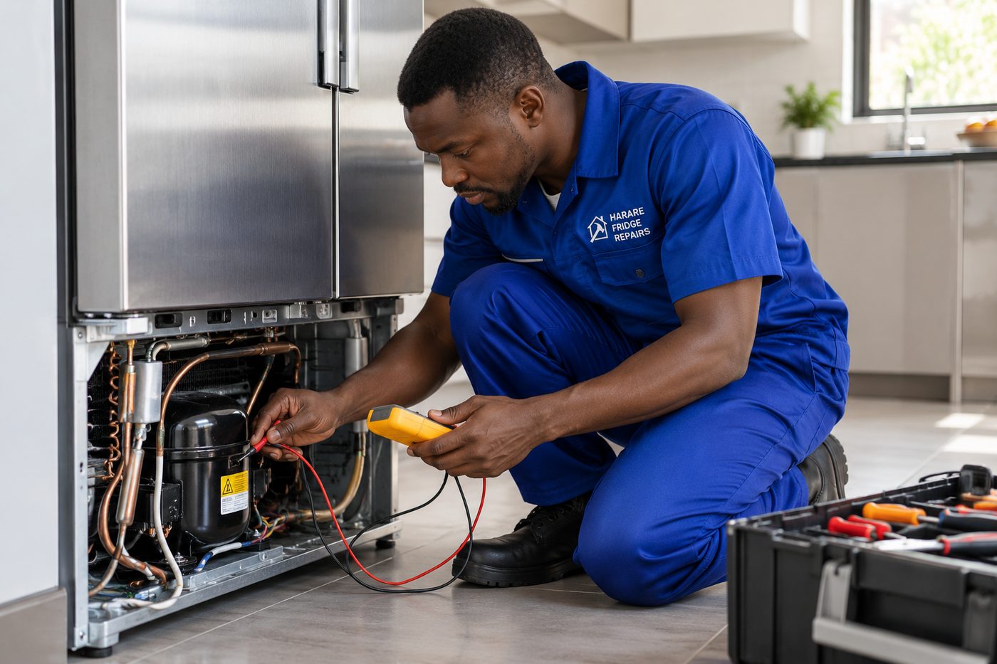 Technician working at the back of a fridge where the compressor sits
