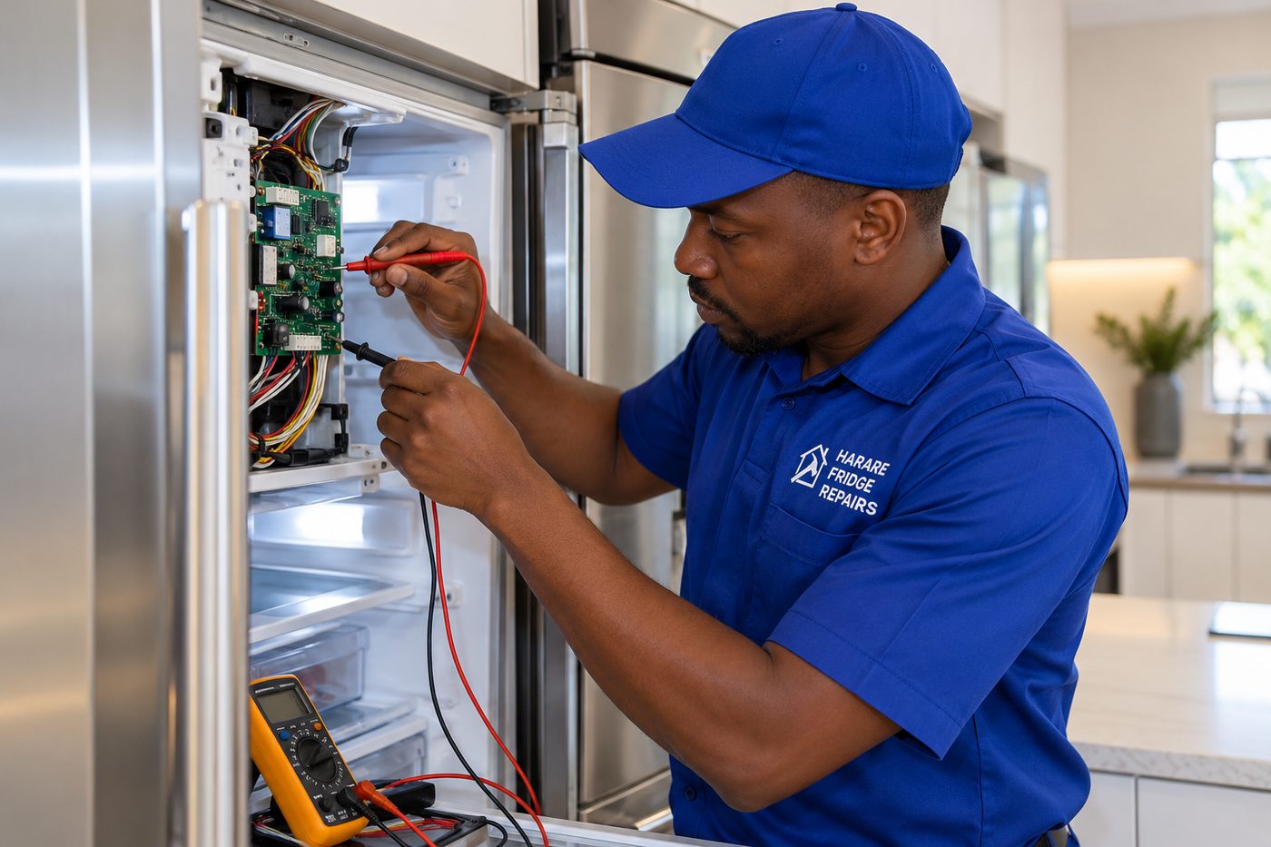 Technician testing the control board of a modern fridge