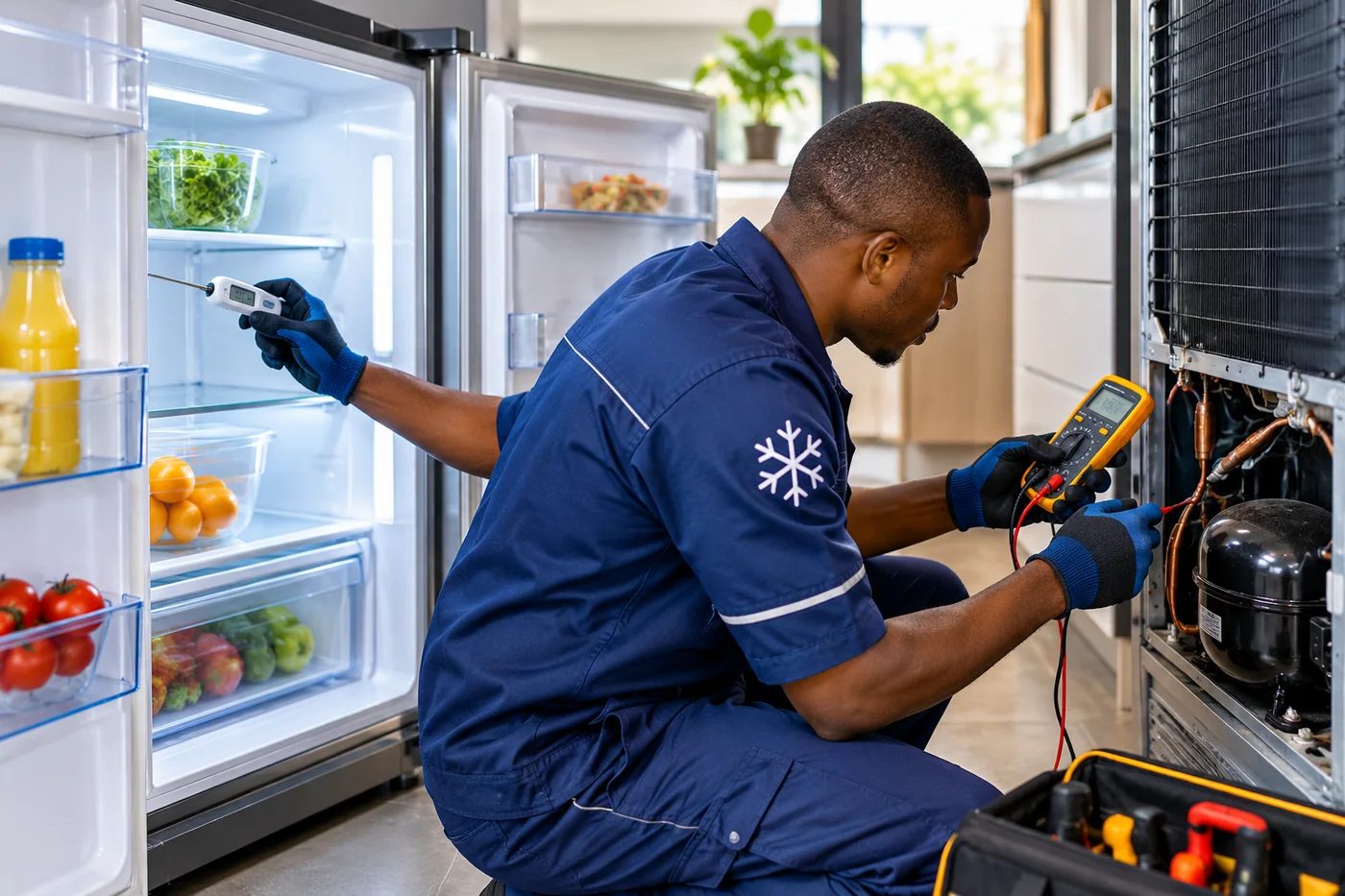 Technician diagnosing a fridge fault in a Harare kitchen