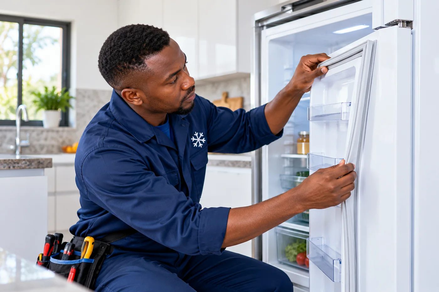 Technician checking the door and cabinet condition of a fridge