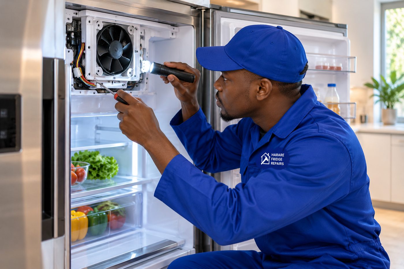 Technician testing a supermarket chiller