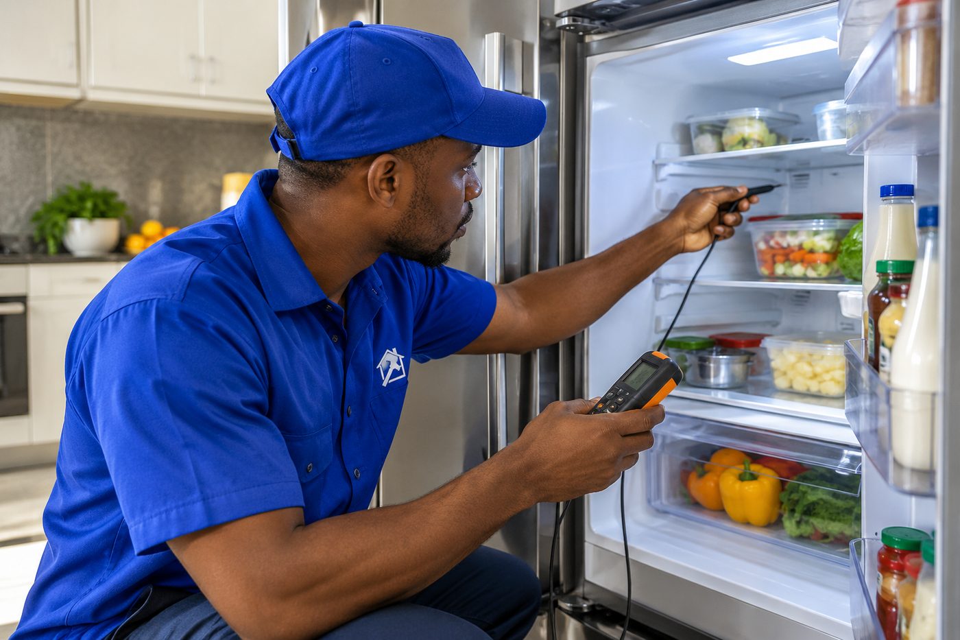 Technician checking the temperature inside a fridge